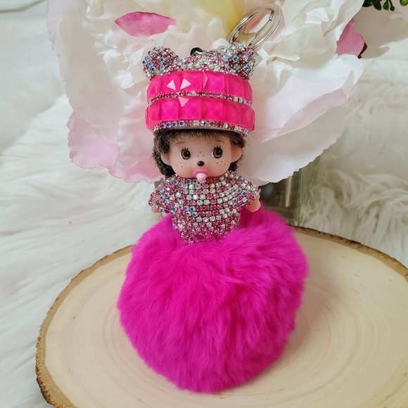 GreenSnooker Monchichi Rabbit Fur Fuchsia Keychain, Bag Pendant - Picture 5 of 10